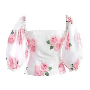Smitten Pink Rose Puff Sleeve Top Off Shoulder Cottagecore Coquette Small